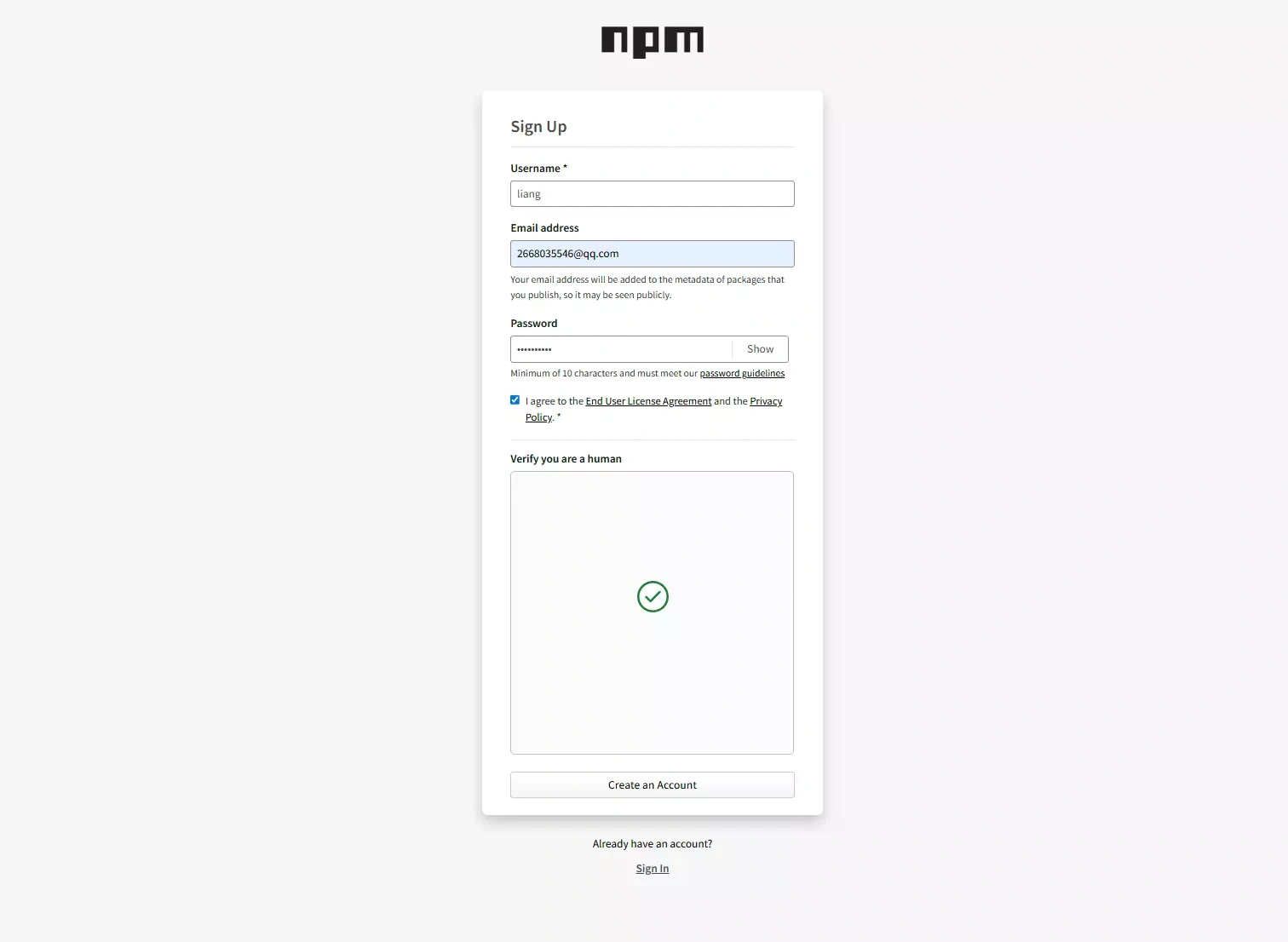 npm 注册页面截图