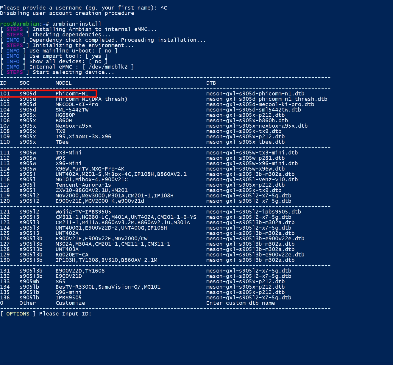 armbian-install 写入 eMMC 菜单截图